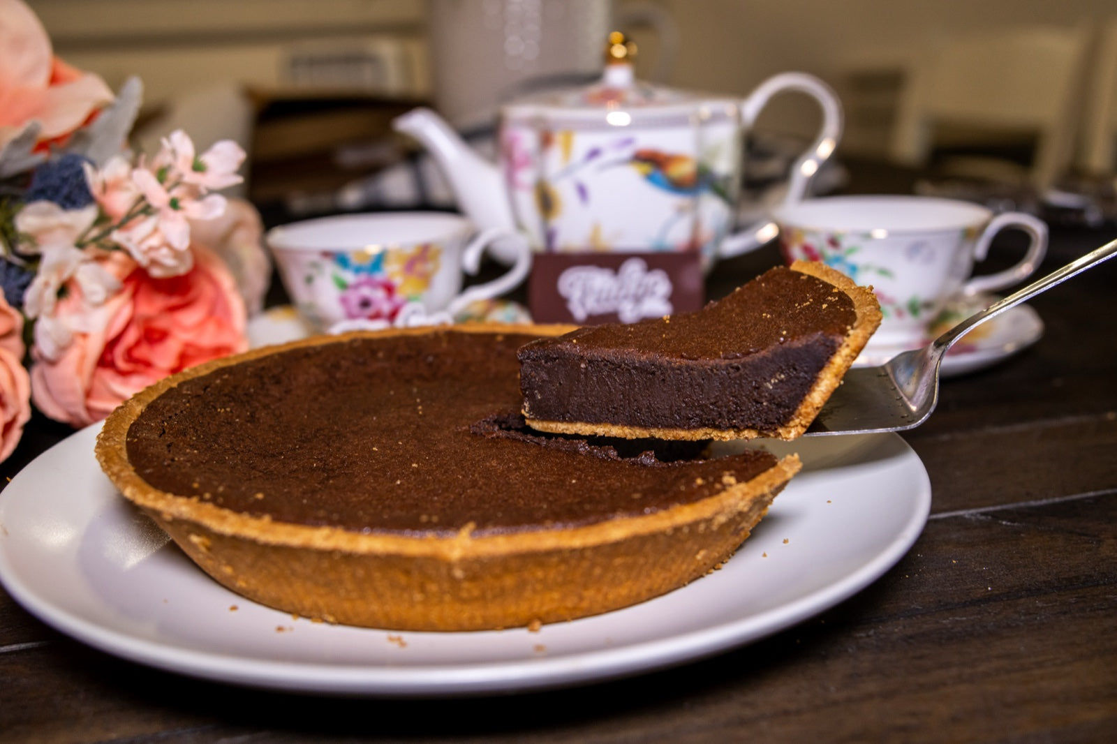 The Classic Chocolate Fudge Pie on a tea table